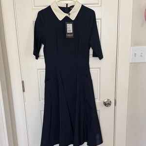 Collectif London Winona Swing Dress Navy White Collar Size L NWT